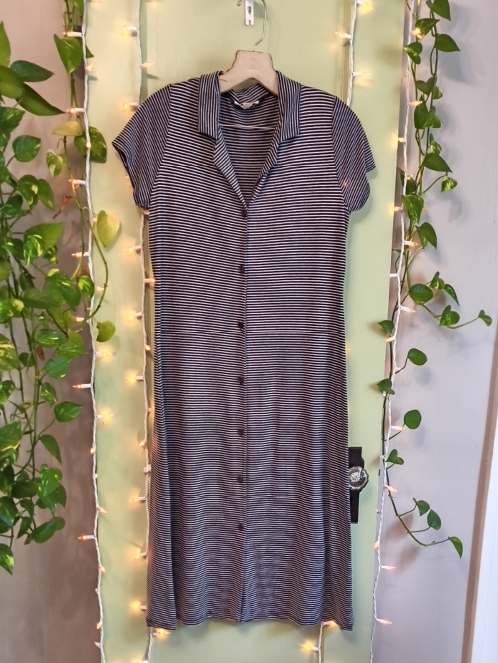 Women's Rolla Coster Black Cream Striped Collared Button Up Dress S